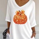 Women's Sequin Pumpkin V-Neck Blouse in White