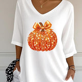 Women's Sequin Pumpkin V-Neck Blouse in White