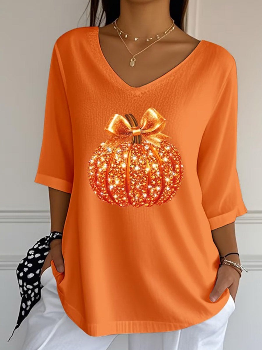 Women's Sequin Pumpkin V-Neck Blouse in Orange