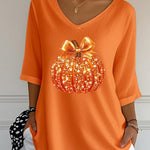 Women's Sequin Pumpkin V-Neck Blouse in Orange