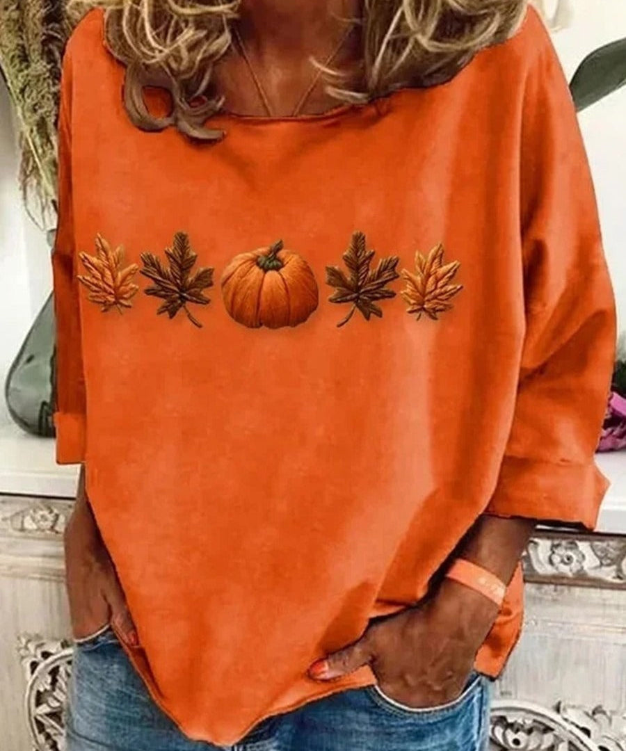 Women's Pumpkin Leaf Crew-Neck Top in Orange
