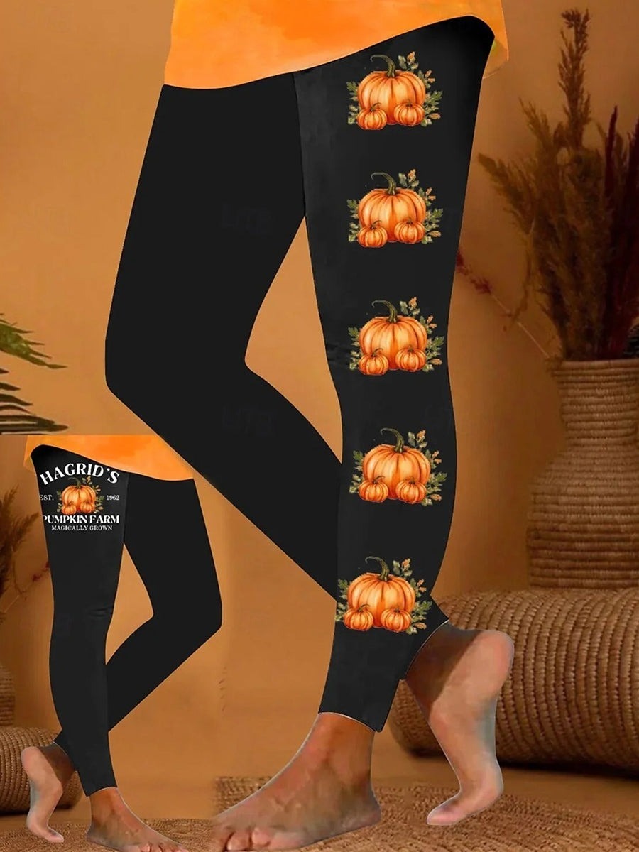 Women's Pumpkin Print Leggings in Black