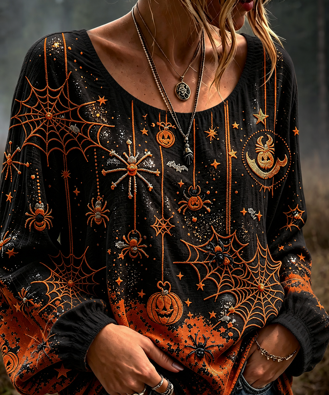 Women's Spider Web Pumpkin Blouse in Black