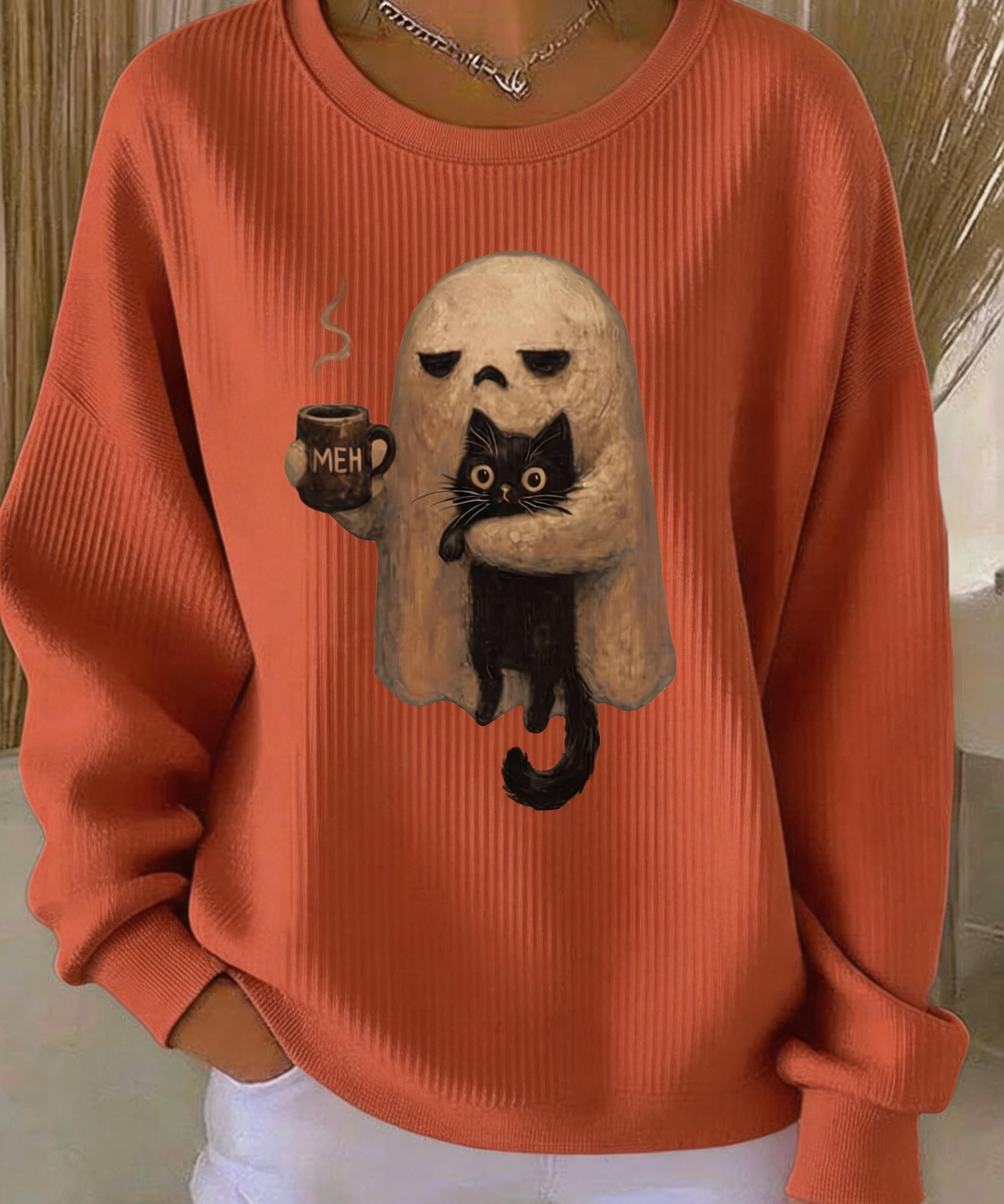 Women's Ghost Hug Black Cat Sweatshirt in Orange