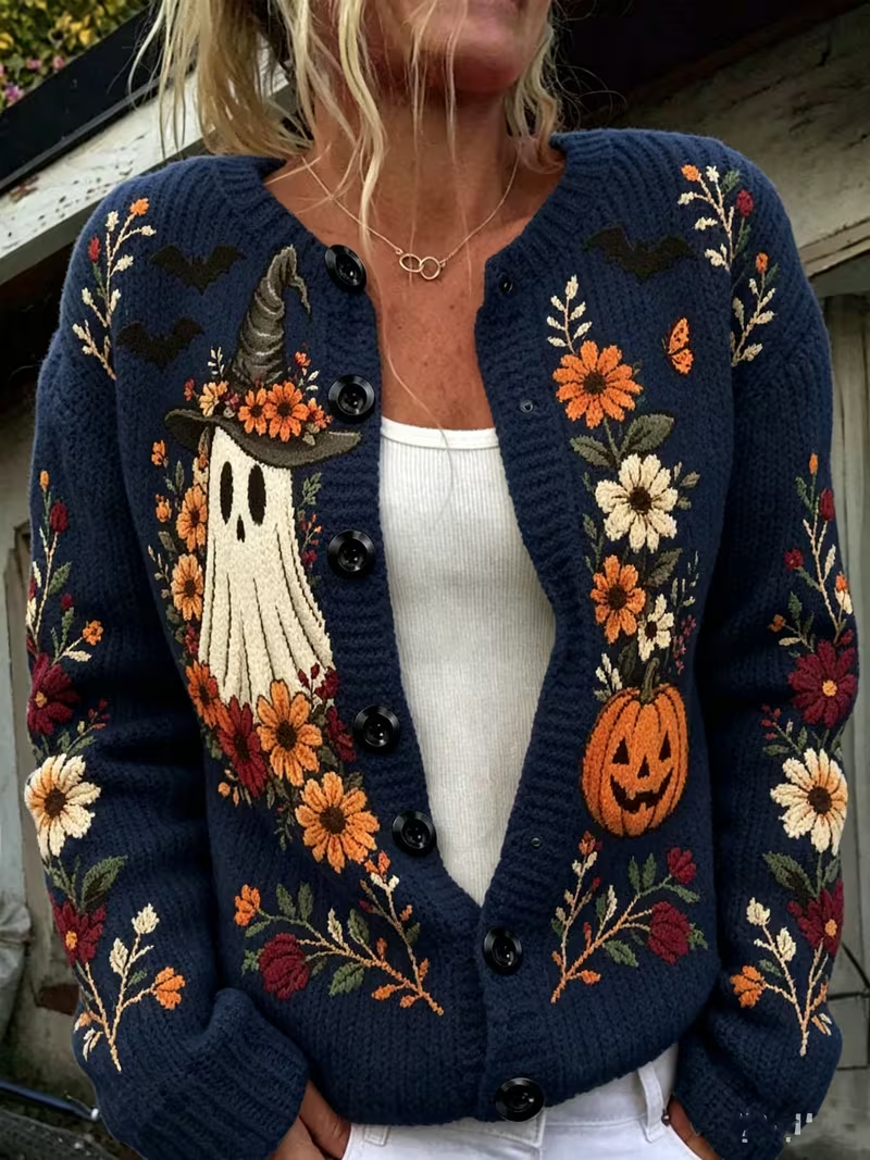 Women's Embroidered Ghost Pumpkin Cardigan in Black