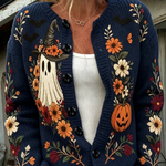 Women's Embroidered Ghost Pumpkin Cardigan in Black