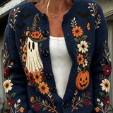 Women's Embroidered Ghost Pumpkin Cardigan in Black