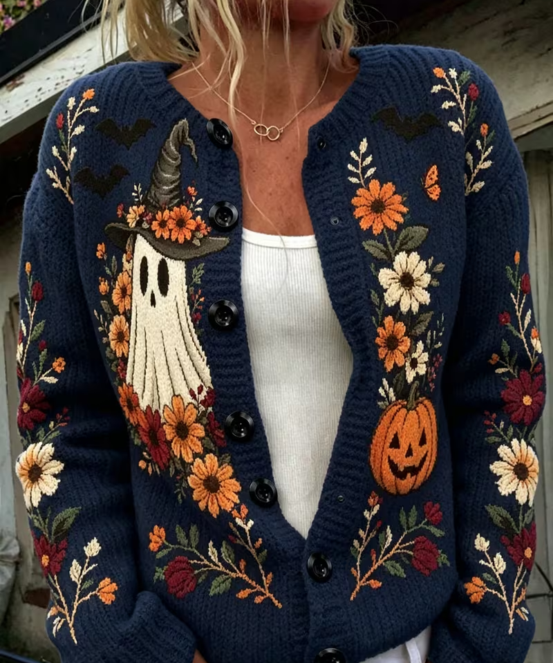 Women's Embroidered Ghost Pumpkin Cardigan in Black