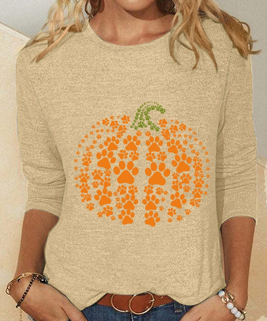 Women's Pumpkin Print Crew-Neck Blouse in Beige