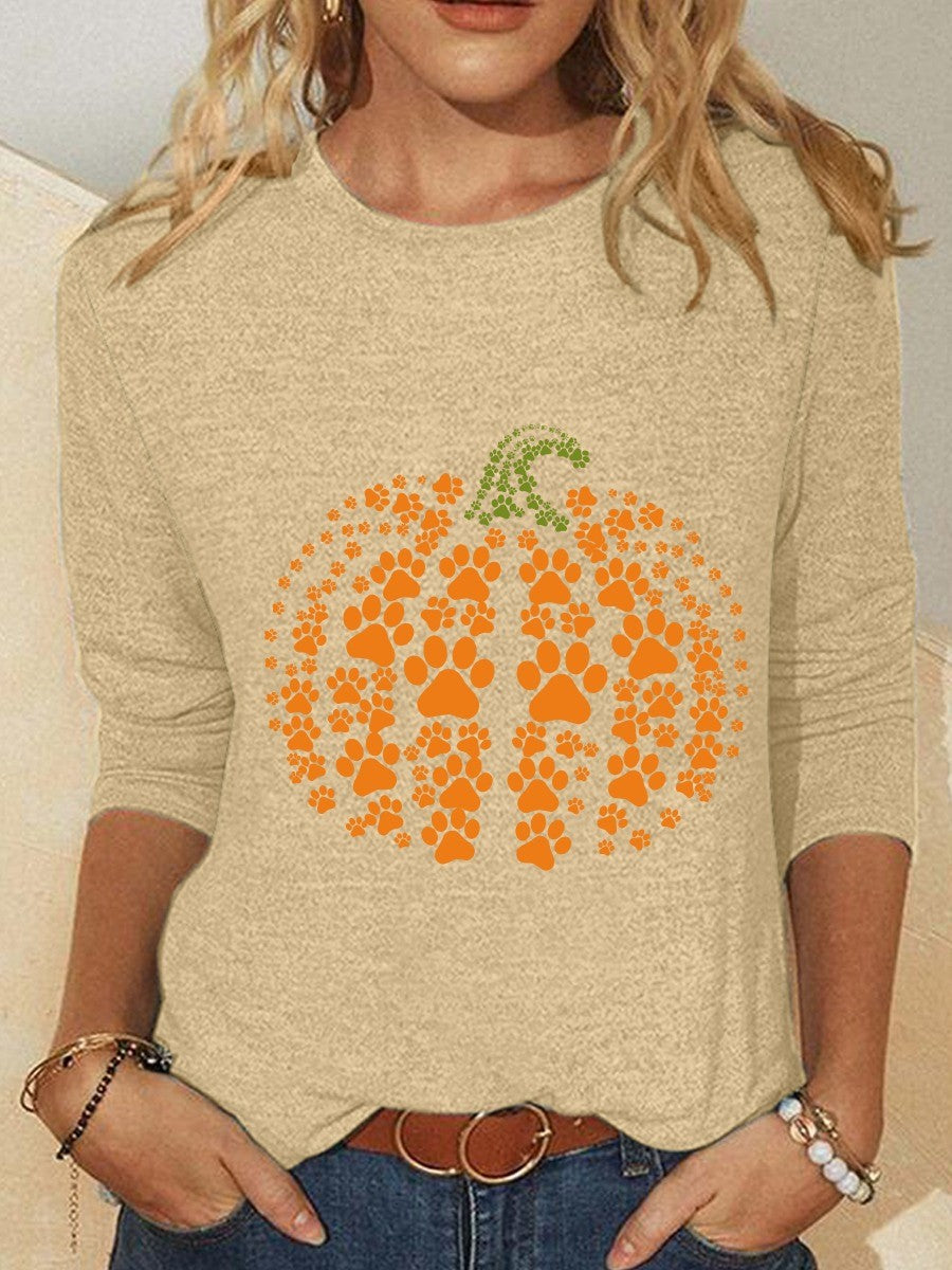 Women's Pumpkin Print Crew-Neck Blouse in Beige