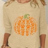 Women's Pumpkin Print Crew-Neck Blouse in Beige
