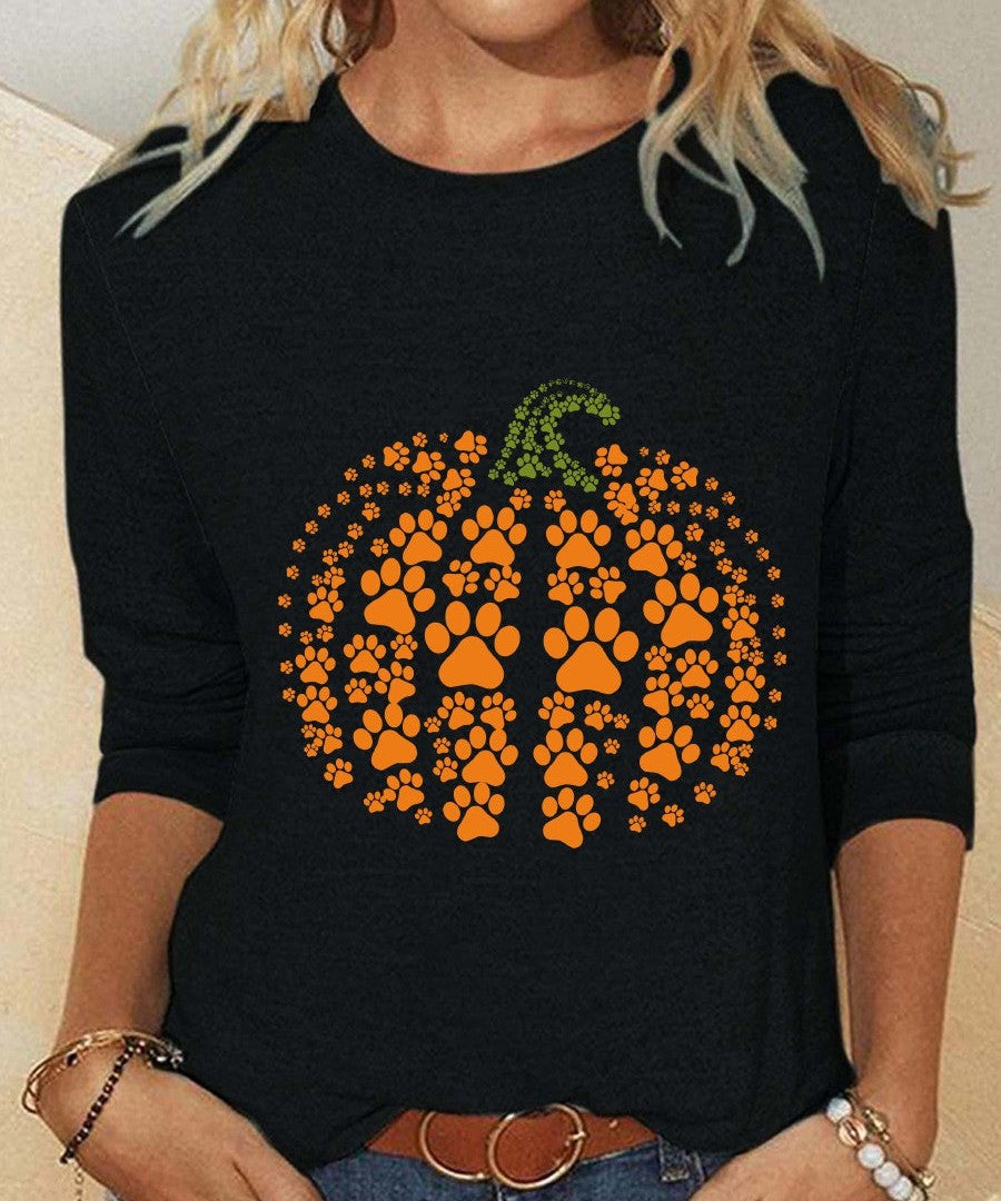 Women's Pumpkin Print Crew-Neck Blouse in Black