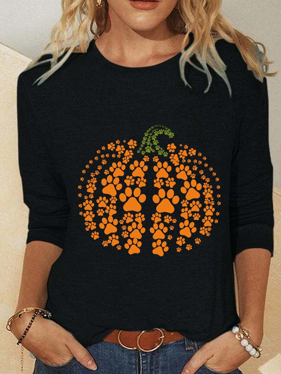 Women's Pumpkin Print Crew-Neck Blouse in Black