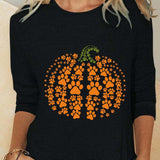 Women's Pumpkin Print Crew-Neck Blouse in Black
