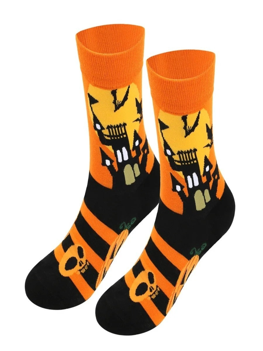 Women's Haunted House Cotton Socks in Orange