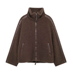 Oversized Teddy Jacket with Stand Collar in Coffee