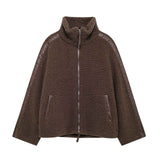 Oversized Teddy Jacket with Stand Collar in Coffee