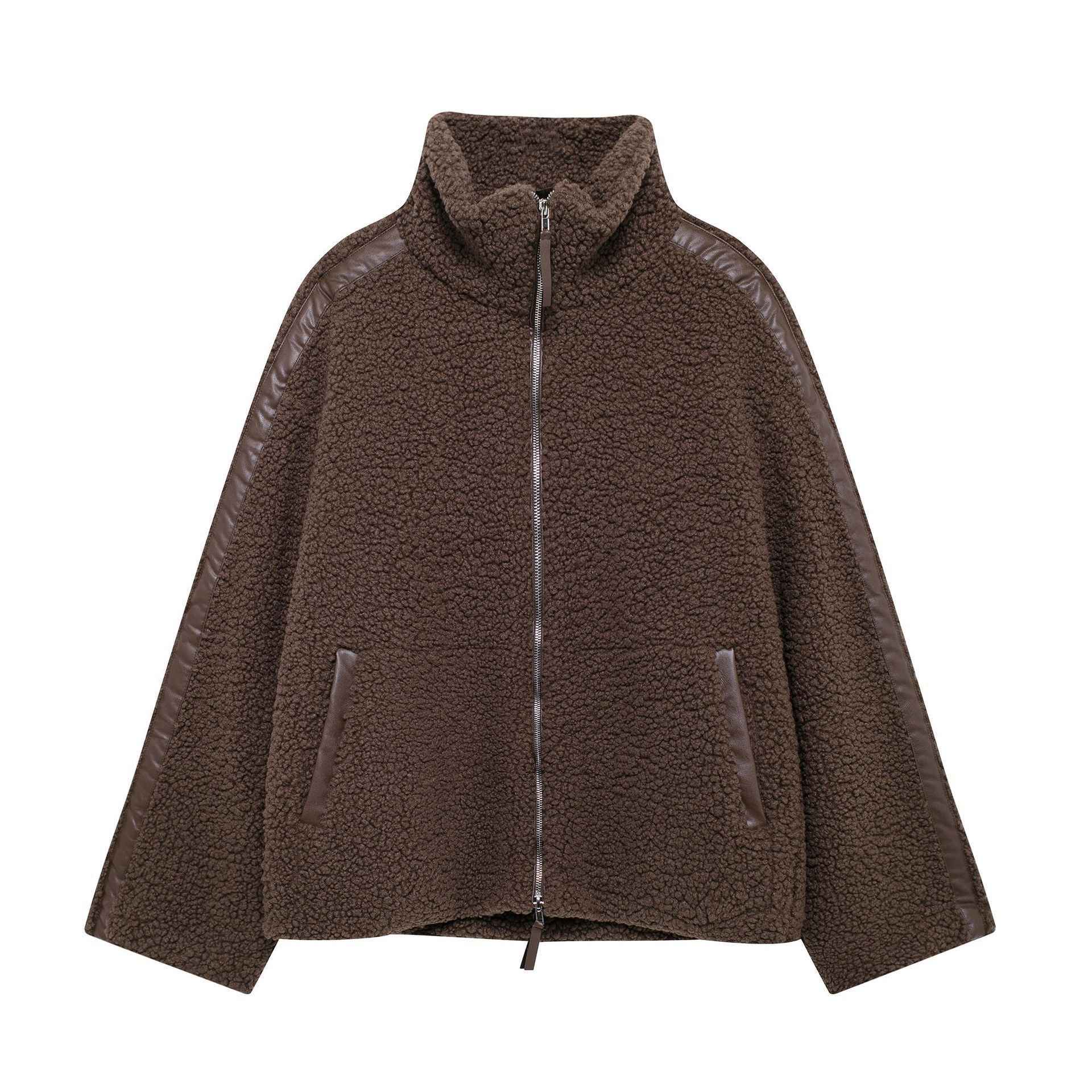Oversized Teddy Jacket with Stand Collar in Coffee
