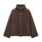 Oversized Teddy Jacket with Stand Collar in Coffee