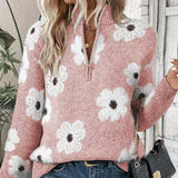 Women's Floral Cable-Knit Quarter-Zip Sweater in Pink
