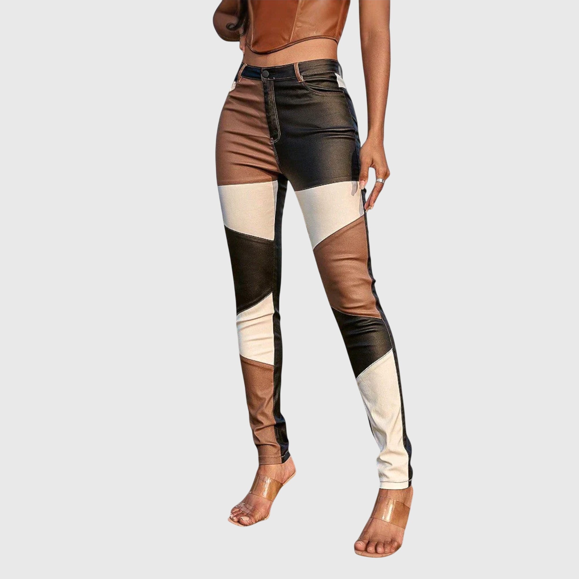 Women's Tube Pants with Color Block Pattern in Brown