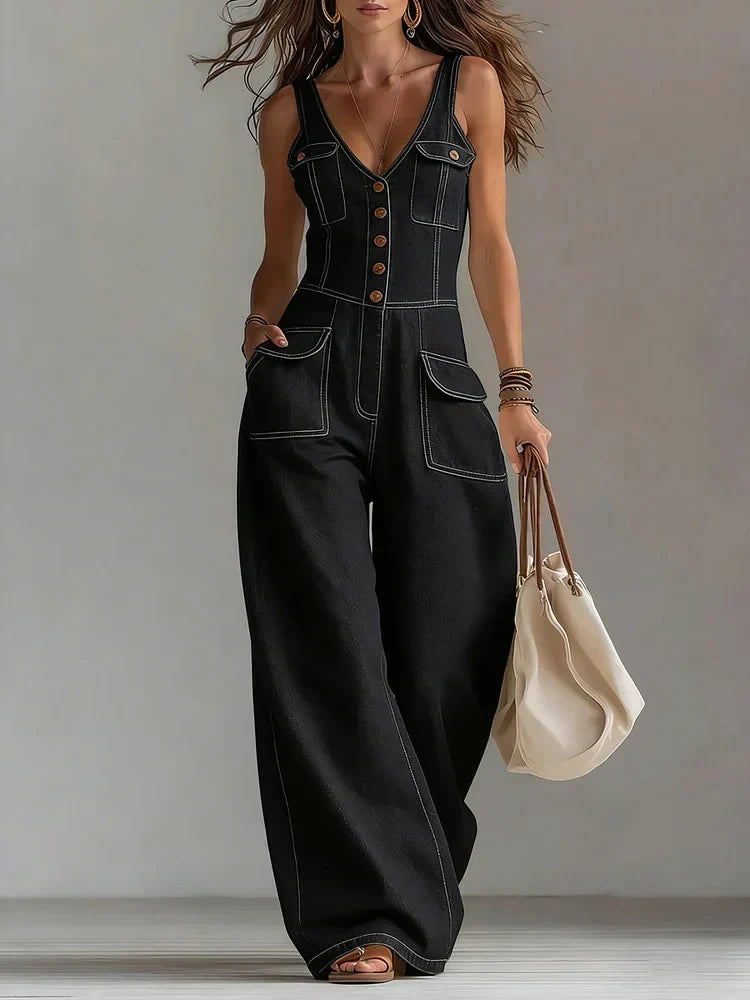 Women's Casual Denim Overalls in Black