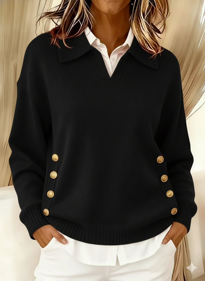 Women's Polo Collar Sweater with Gold Buttons in Black