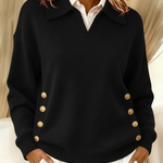 Women's Polo Collar Sweater with Gold Buttons in Black