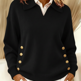 Women's V-Neck Sweater with Collar in Black