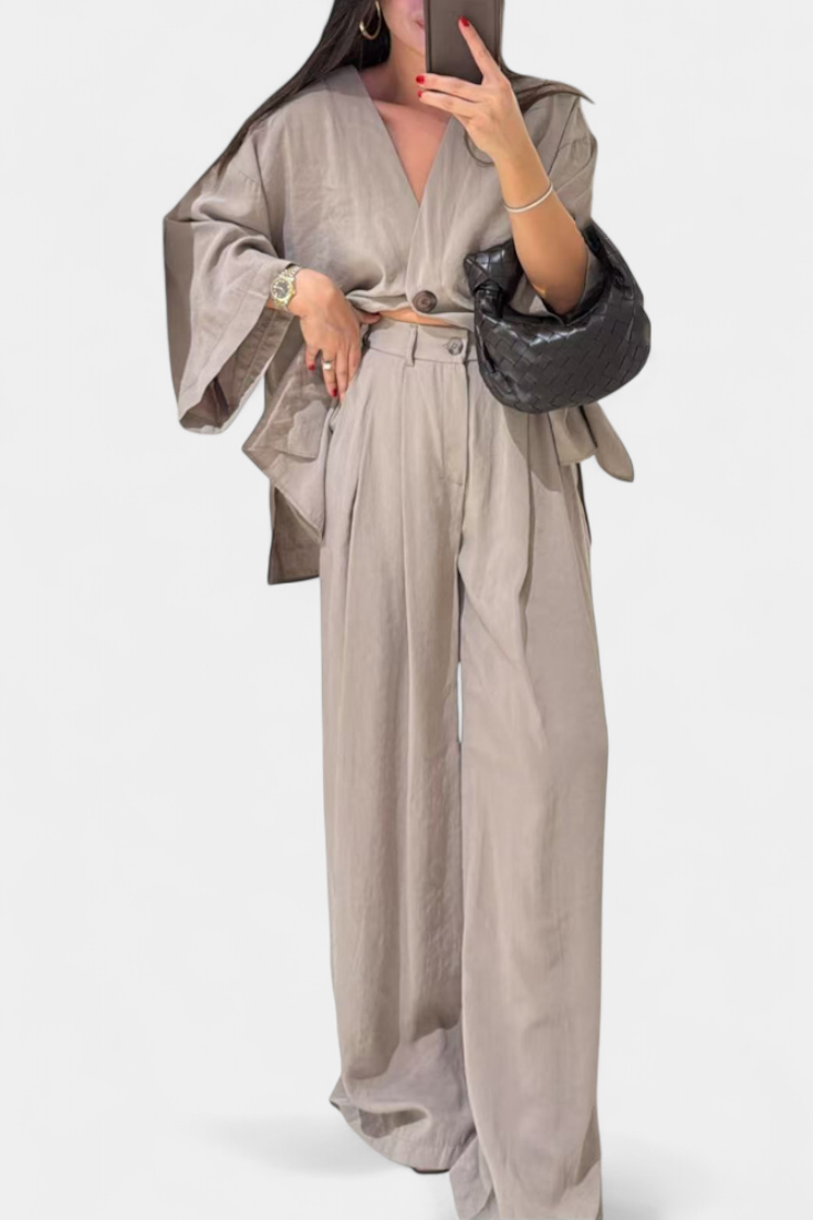 V-Neck Top with Straight-Leg Pants Set in Apricot