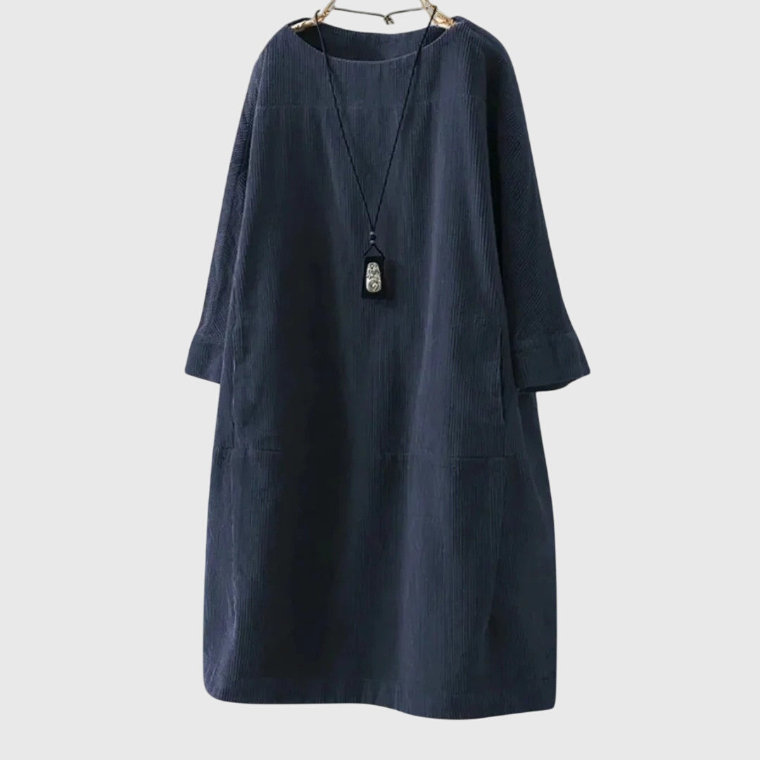 Women's Relaxed Corduroy Midi Dress in Dark Blue
