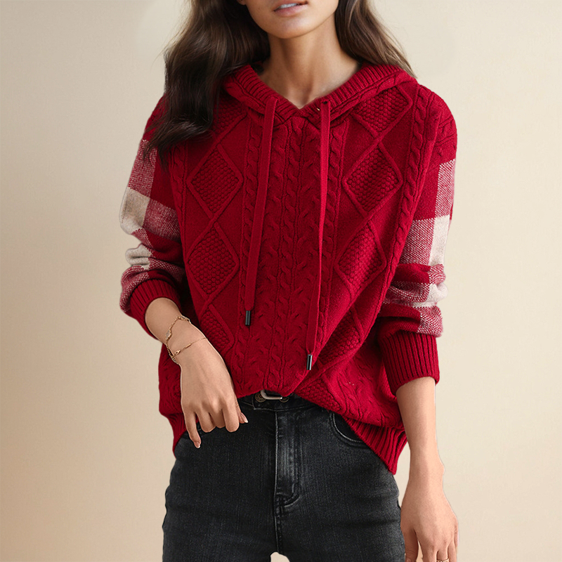 Women's Cable-Knit Hooded Sweater in Red