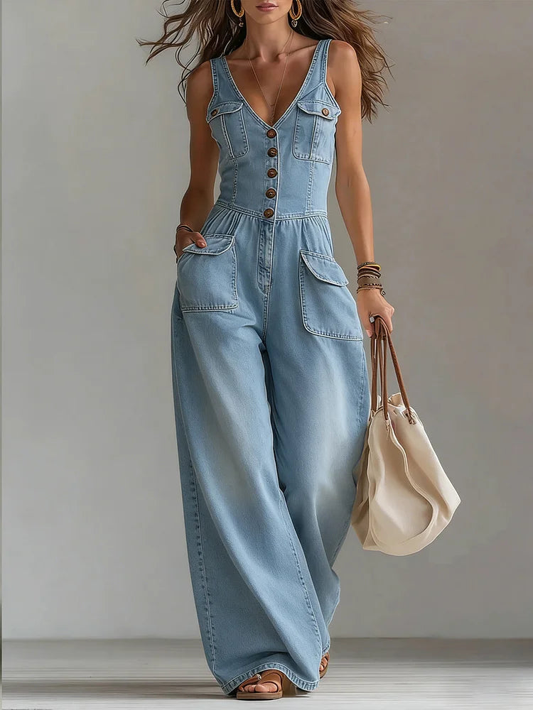 Women's Casual Denim Overalls in Blue