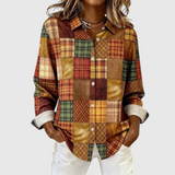 Women's Vintage Patchwork Button-Front Blouse in Light Brown