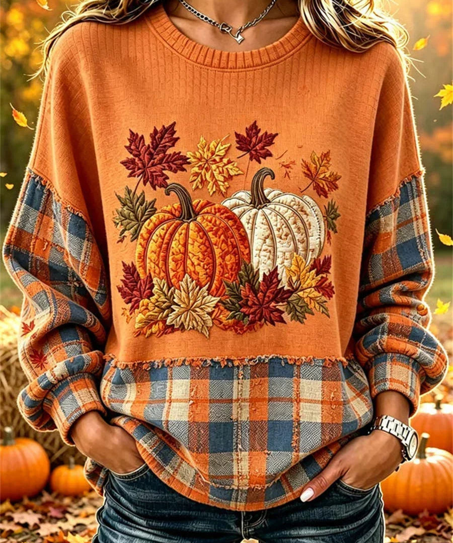 Women's Plaid Pumpkin Sweatshirt in Orange