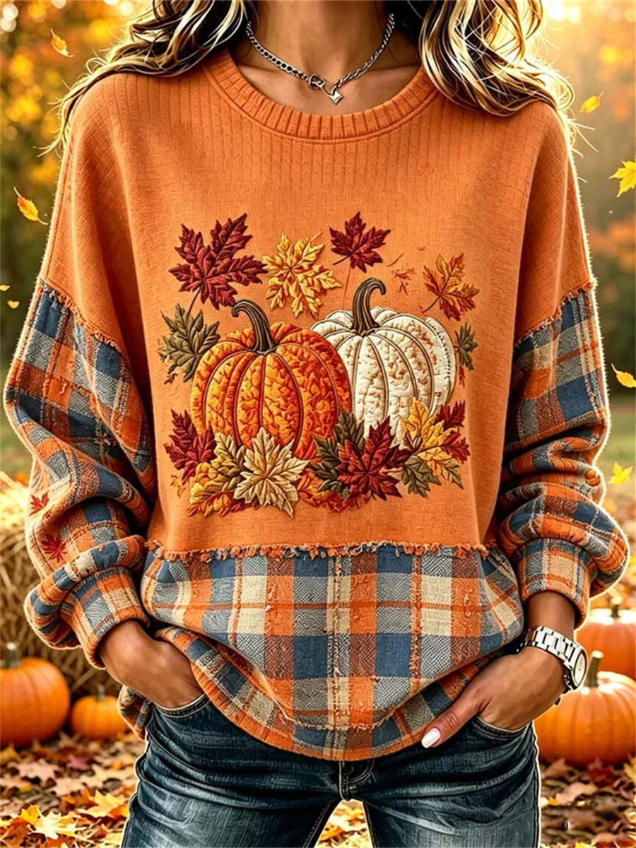 Women's Plaid Pumpkin Sweatshirt in Orange
