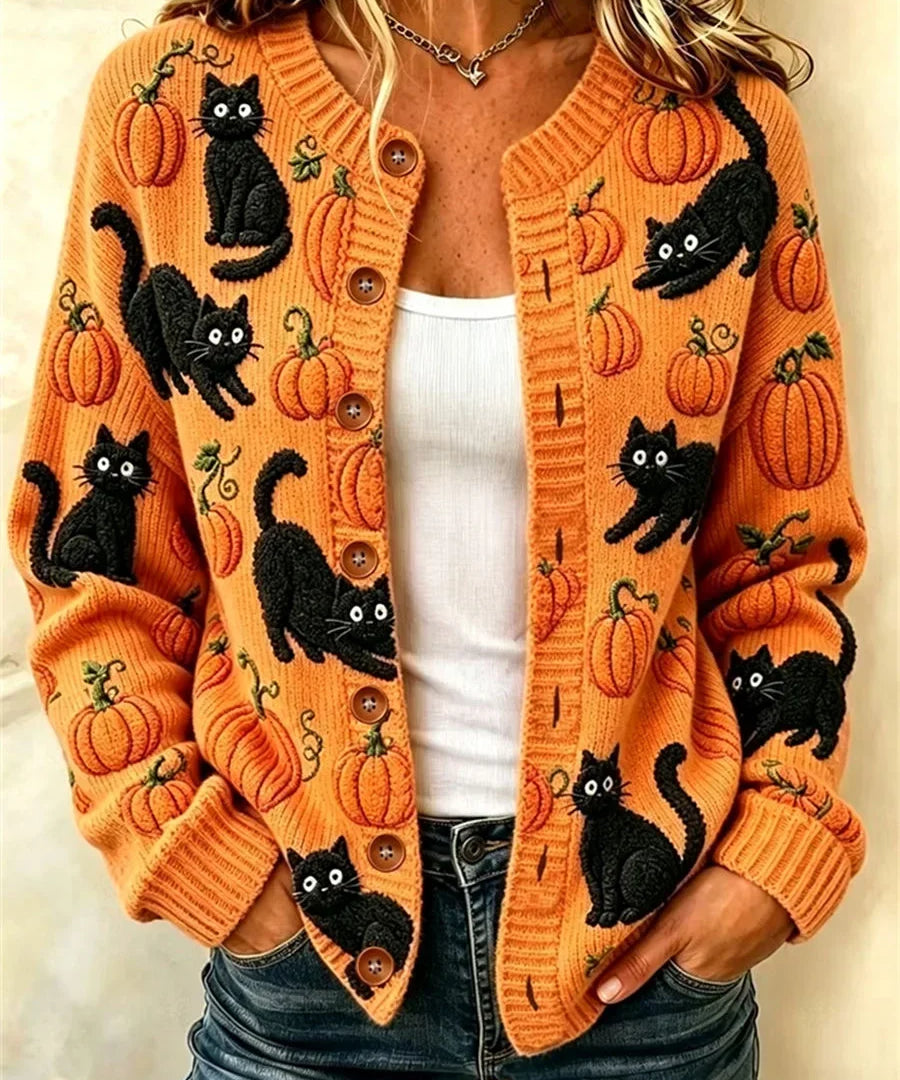 Women's Black Cat Pumpkin Cardigan in Orange