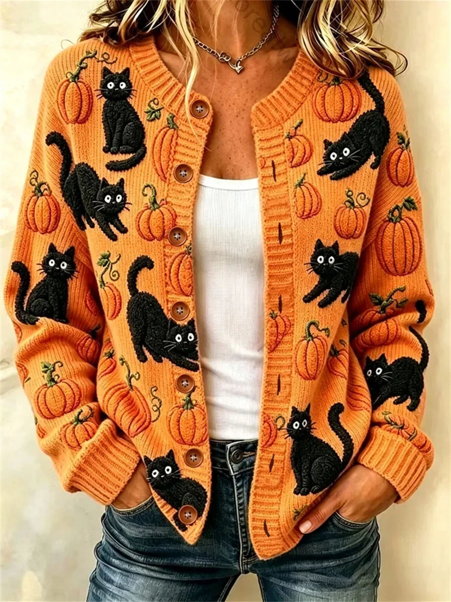 Women's Black Cat Pumpkin Cardigan in Orange
