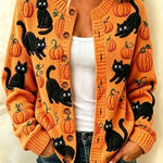 Women's Black Cat Pumpkin Cardigan in Orange