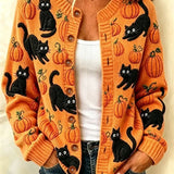 Women's Black Cat Pumpkin Cardigan in Orange