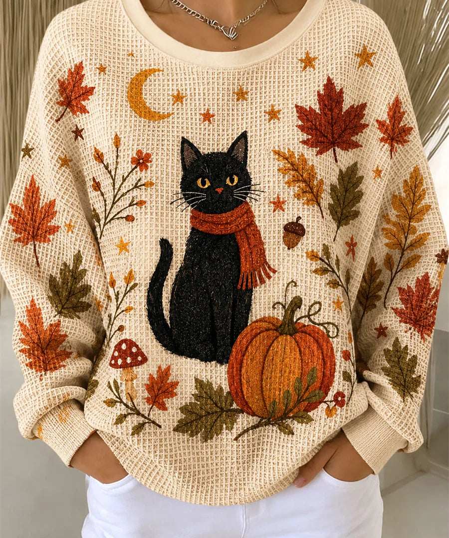Women's Black Cat Autumn Leaves Sweatshirt in Beige