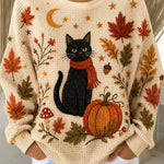 Women's Black Cat Autumn Leaves Sweatshirt in Beige