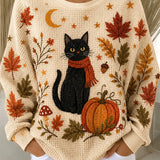 Women's Black Cat Autumn Leaves Sweatshirt in Beige