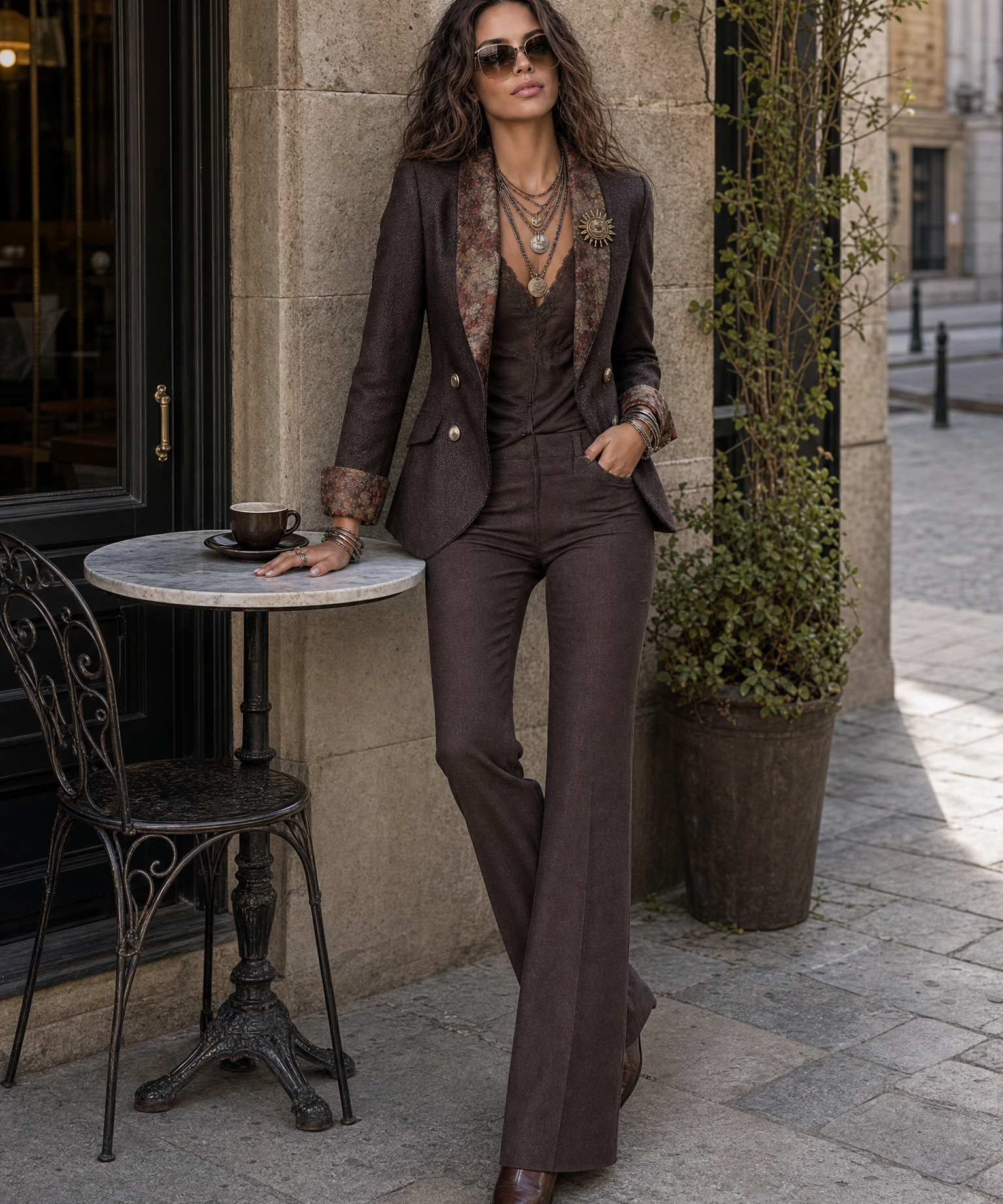 Vintage Herringbone with Floral Print Lapel Blazer