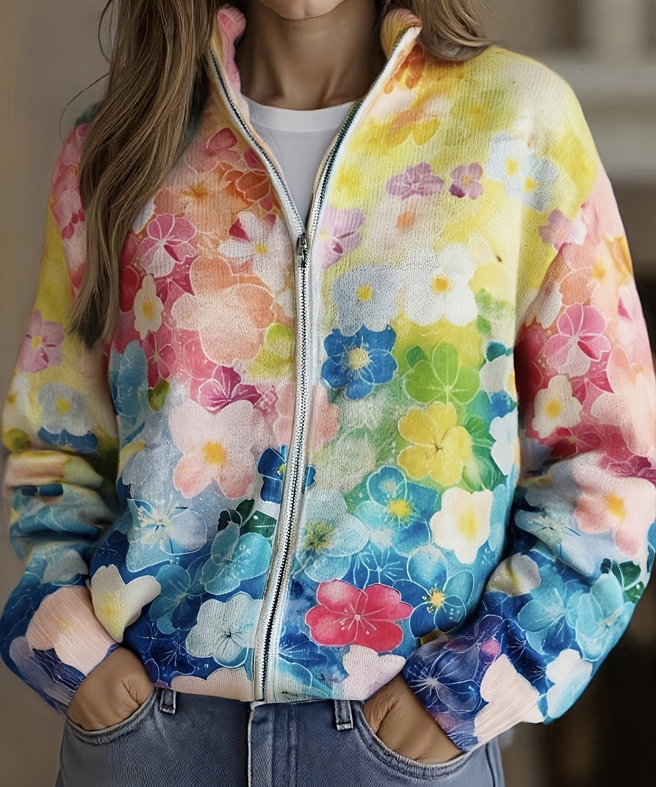 Women's Watercolor Floral Zip Cardigan