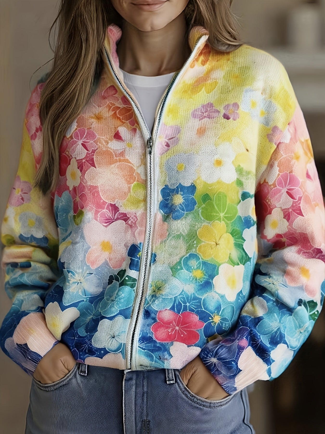 Women's Watercolor Floral Zip Cardigan