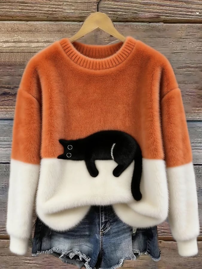 Women's Soft Cat Graphic Sweater in Orange