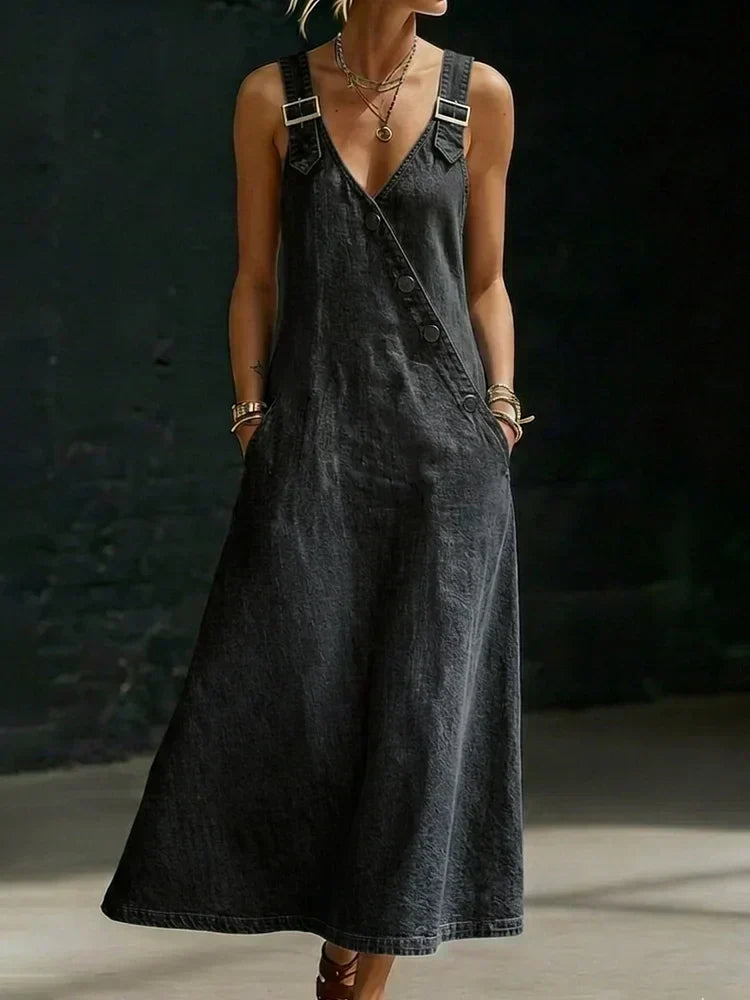Women's Button-Front Denim Maxi Dress in Black