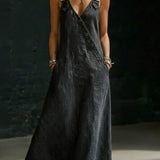 Women's Button-Front Denim Maxi Dress in Black