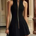 Women's Ruched Sleeveless Zip Dress in Black